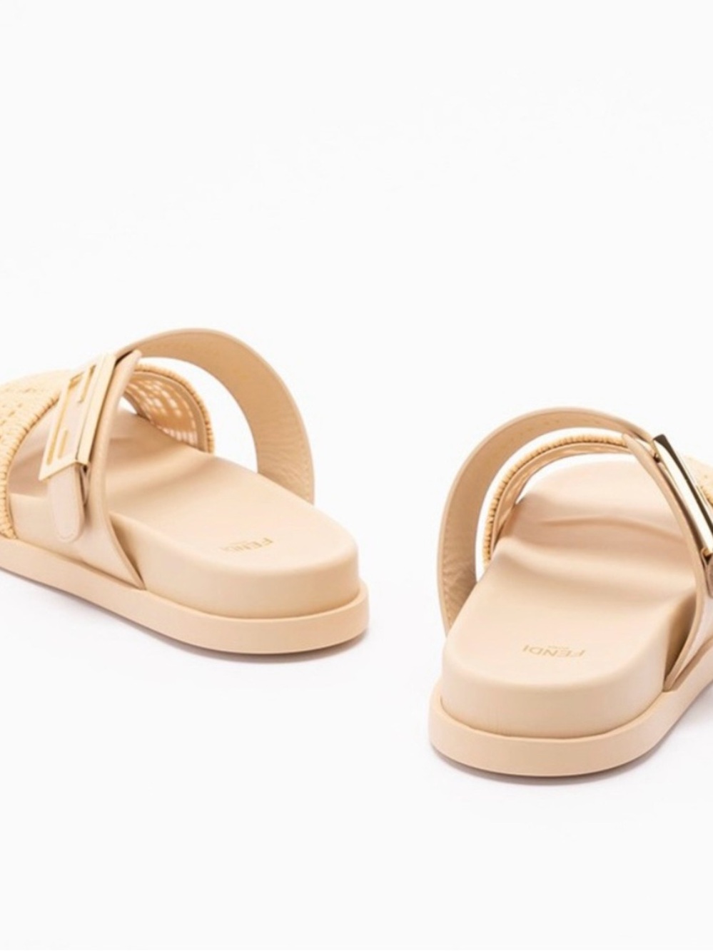 NEW Fendi Feel Cream Beige Leather & Raffia Sandals w/ FF Gold Logo - Size 38 - Picture 8 of 12